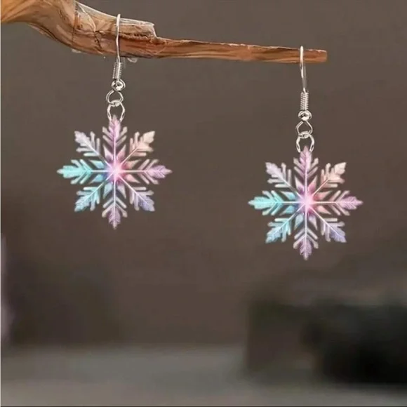 Silver and Blue Snowflake Dangle Earrings - Picture 1 of 1